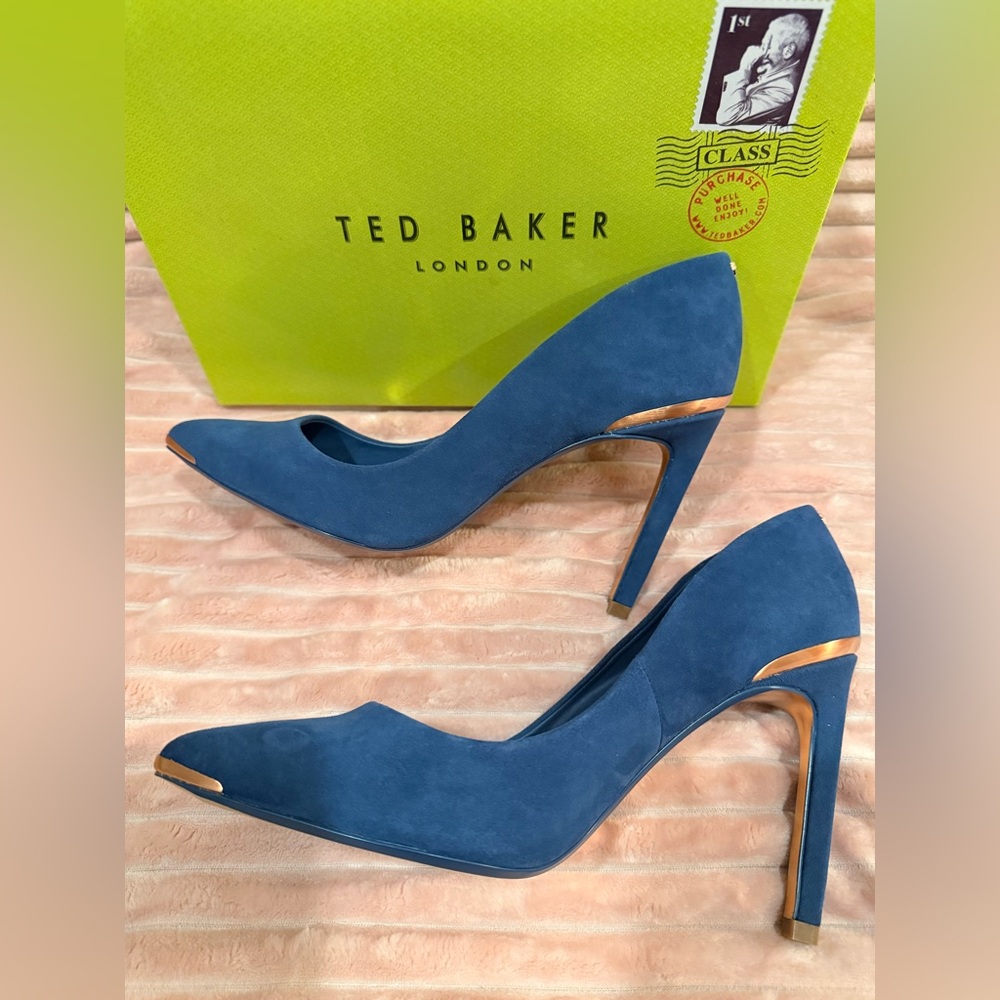 Ted Baker Melnis Denim Blue Heels with Gold Accents - Picture 13 of 16